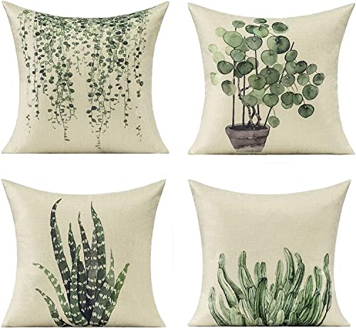 All Smiles Outdoor Green Throw Pillow Covers for Patio Furniture Succulent Plants Vine Decorative Cushion Cases Spring Summer Porch Garden Decor 18x18 Set of 4 Couch Sofa