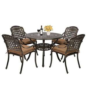 onlyeah 5 pieces outdoor furniture dining set, all-weather cast aluminum round patio table with umbrella hole and 4 cushioned dining chairs for patio garden deck, retro pattern design