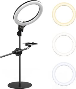 [upgraded base] ulanzi overhead phone mount with 10″ selfie ring light, tabletop light stand with 360° shooting arm, 3500k-6500k dimmable ring light for video recording, live stream, portrait & makeup