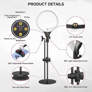 [Upgraded Base] ULANZI Overhead Phone Mount with 10" Selfie Ring Light, Tabletop Light Stand with 360° Shooting Arm, 3500k-6500K Dimmable Ring Light for Video Recording, Live Stream, Portrait & Makeup