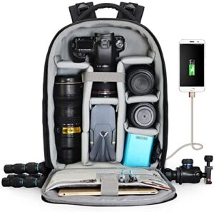 caden camera backpack professional dslr bag with usb charging port rain cover, photography laptop backpack for women men waterproof, camera case compatible for sony canon nikon lens tripod accessories