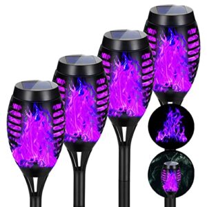 aounq solar lights outdoor waterproof purple, upgraded 4 pack solar torch lights with flickering flame for garden decor, mini solar outdoor lights tiki torches for outside yard patio pathway porch
