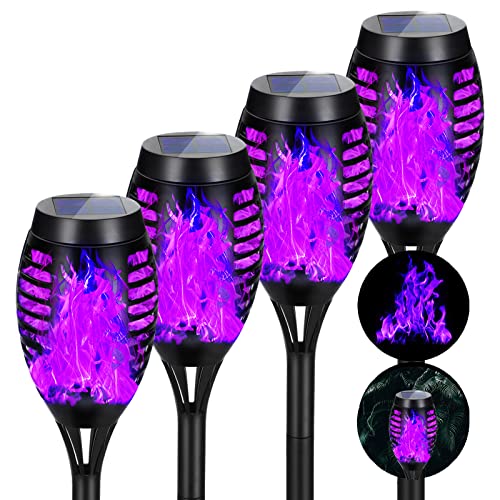 AOUNQ Solar Lights Outdoor Waterproof Purple, Upgraded 4 Pack Solar Torch Lights with Flickering Flame for Garden Decor, Mini Solar Outdoor Lights Tiki Torches for Outside Yard Patio Pathway Porch