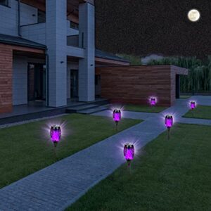 AOUNQ Solar Lights Outdoor Waterproof Purple, Upgraded 4 Pack Solar Torch Lights with Flickering Flame for Garden Decor, Mini Solar Outdoor Lights Tiki Torches for Outside Yard Patio Pathway Porch