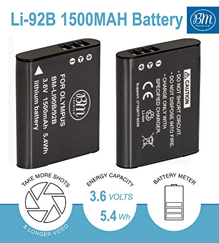 BM Premium 2 LI-90B, LI-92B Batteries and Dual Battery Charger for Olympus Tough TG-6, TG-5, TG-Tracker, Tough SH-1, SH-2, SP100 IHS, Tough TG-1 iHS, TG-2 iHS, TG-3, TG-4, SH-50, SH-60, XZ-2 iHS