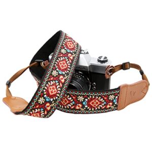 red vintage embroidered camera strap – 2″wide pure cotton woven camera strap,double layer cowhide ends,adjustable shoulder & neck strap for all dslr cameras,great gift for men & women photographers