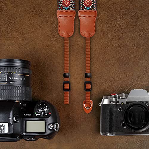 Red Vintage Embroidered Camera Strap - 2"Wide Pure Cotton Woven Camera Strap,Double Layer Cowhide Ends,Adjustable Shoulder & Neck Strap for All DSLR Cameras,Great Gift for Men & Women Photographers