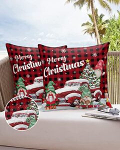 christmas outdoor pillow cover 16×16 inch cushion sham case,red plaid gnome truck winter snowflake xmas tree waterproof decorative square throw pillowcase for garden patio porch couch chair tent