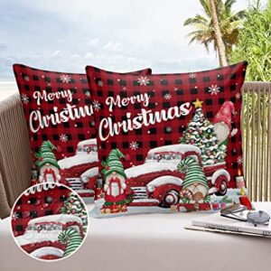 Christmas Outdoor Pillow Cover 16x16 Inch Cushion Sham Case,Red Plaid Gnome Truck Winter Snowflake Xmas Tree Waterproof Decorative Square Throw Pillowcase for Garden Patio Porch Couch Chair Tent