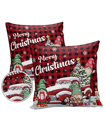 Christmas Outdoor Pillow Cover 16x16 Inch Cushion Sham Case,Red Plaid Gnome Truck Winter Snowflake Xmas Tree Waterproof Decorative Square Throw Pillowcase for Garden Patio Porch Couch Chair Tent