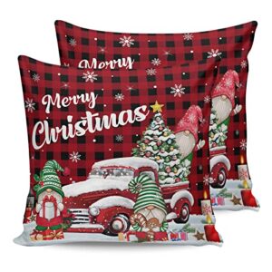 Christmas Outdoor Pillow Cover 16x16 Inch Cushion Sham Case,Red Plaid Gnome Truck Winter Snowflake Xmas Tree Waterproof Decorative Square Throw Pillowcase for Garden Patio Porch Couch Chair Tent