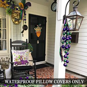 JOJOGOGO Mardi Gras Decorations Outdoor Throw Pillow Covers 18x18 Waterproof Set of 4 Happy Mardi Gras Fat Tuesday Decor Carnival Theme Masquerade Party Decorations for Front Porch and Patio Furniture