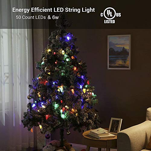 Hopolon C9 LED Christmas String Lights, 8Modes 50 LED 33ft Outdoor Fairy Lights with 30V Safe Adaptor, Extendable Green Wire String Lights for Patio Xmas Tree Wedding Party Decoration, Multicolor