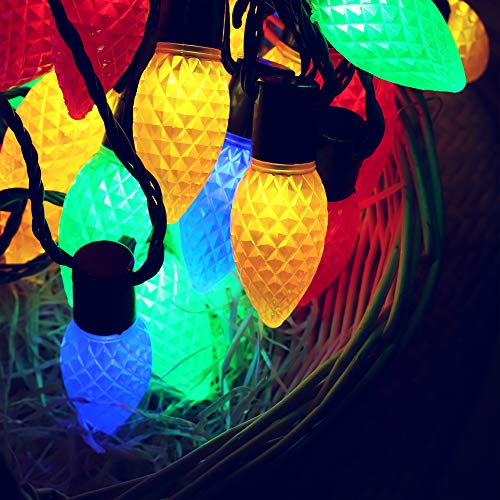 Hopolon C9 LED Christmas String Lights, 8Modes 50 LED 33ft Outdoor Fairy Lights with 30V Safe Adaptor, Extendable Green Wire String Lights for Patio Xmas Tree Wedding Party Decoration, Multicolor