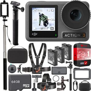 DJI Osmo Action 3 Adventure Combo Outdoor Action Camera 4K HDR Vlog Bundle with Extension Rod + Triple Battery + Extended Protection + Deco Gear Attachment Accessories Kit + 42" Selfie Stick + Case