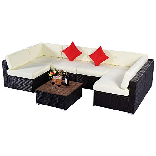 Tangkula 7 pcs Wicker Furniture Set Rattan Wicker Sofas Garden Lawn Patio Sectional Furniture Set Conversation Set with Weather Resistant Coffee Table and Cushioned Seat (Beige Cushion in Glass)