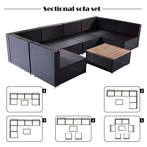 Tangkula 7 pcs Wicker Furniture Set Rattan Wicker Sofas Garden Lawn Patio Sectional Furniture Set Conversation Set with Weather Resistant Coffee Table and Cushioned Seat (Beige Cushion in Glass)