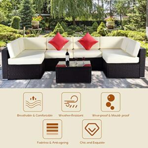 Tangkula 7 pcs Wicker Furniture Set Rattan Wicker Sofas Garden Lawn Patio Sectional Furniture Set Conversation Set with Weather Resistant Coffee Table and Cushioned Seat (Beige Cushion in Glass)