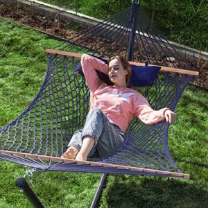pnaeut max 475lbs capacity double hammock with stand included 2 person heavy duty traditional 2 people rope hammocks stand with pillow for outside porch patio garden backyard outdoor (navy)