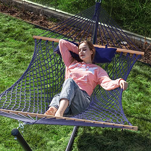 PNAEUT Max 475lbs Capacity Double Hammock with Stand Included 2 Person Heavy Duty Traditional 2 People Rope Hammocks Stand with Pillow for Outside Porch Patio Garden Backyard Outdoor (Navy)