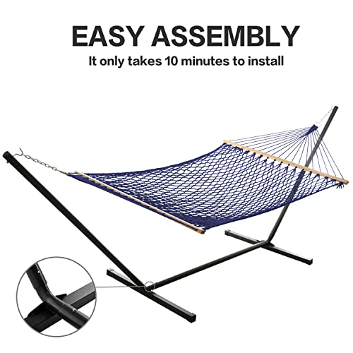 PNAEUT Max 475lbs Capacity Double Hammock with Stand Included 2 Person Heavy Duty Traditional 2 People Rope Hammocks Stand with Pillow for Outside Porch Patio Garden Backyard Outdoor (Navy)