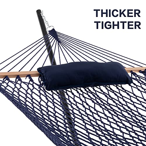 PNAEUT Max 475lbs Capacity Double Hammock with Stand Included 2 Person Heavy Duty Traditional 2 People Rope Hammocks Stand with Pillow for Outside Porch Patio Garden Backyard Outdoor (Navy)