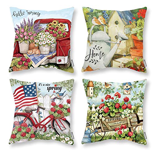 ONWAY Spring Throw Pillow Covers 18x18 Set of 4 Outdoor Floral Pillow Covers for Home Couch Sofa and Patio