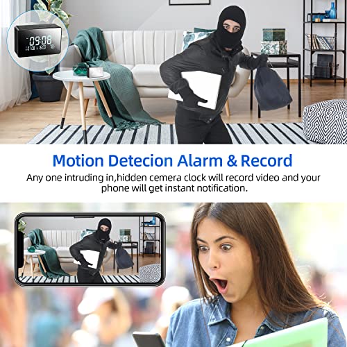 XDL-POWER Hidden Camera Clock 1080p WiFi Spy Camera 3 in 1 Nanny Cam with Night Vision,Dual Alarm Clocks,Room Thermometer,Motion Detection Alert,Loop Recording