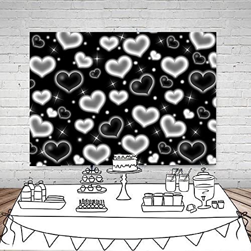 LYCGS 7X5FT Black Heart Photo Backdrop 90s Backdrops for Photoshoot Valentine's Day Backdrop Women Men Happy Birthday Photography Background Banner Photo Booth Studio Props X-14