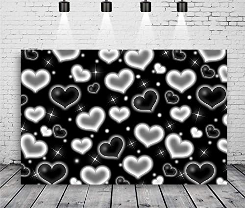 LYCGS 7X5FT Black Heart Photo Backdrop 90s Backdrops for Photoshoot Valentine's Day Backdrop Women Men Happy Birthday Photography Background Banner Photo Booth Studio Props X-14