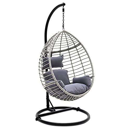 SereneLife Hanging Egg Chair with Stand - Indoor Outdoor Patio Wicker Rattan Lounge Chair with Stand, Steel Frame, UV Resistant Washable Cushions for Garden Backyard Deck Sunroom SLGZ0EGG (Gray)