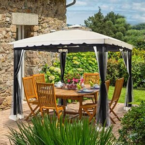 10×13 gazebo with mosquito netting and sand bag, aluminum pole outdoor gazebo with polyester top, fireproof enclosure & waterproof screen patio tent, garden pavilion for backyard, lawn (cream)