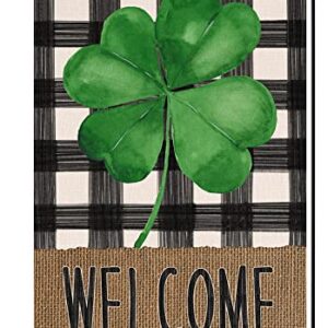 Welcome Spring St. Patrick's Day Clover Small Garden Flag Vertical Double Sided Burlap Buffalo Shamrock Farmhouse Yard Outdoor Decoration 12 x 18 Inches