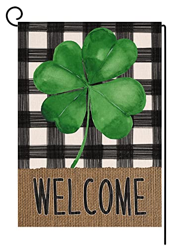 Welcome Spring St. Patrick's Day Clover Small Garden Flag Vertical Double Sided Burlap Buffalo Shamrock Farmhouse Yard Outdoor Decoration 12 x 18 Inches