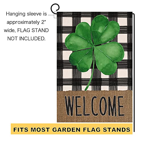 Welcome Spring St. Patrick's Day Clover Small Garden Flag Vertical Double Sided Burlap Buffalo Shamrock Farmhouse Yard Outdoor Decoration 12 x 18 Inches