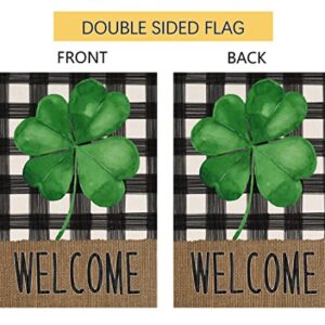 Welcome Spring St. Patrick's Day Clover Small Garden Flag Vertical Double Sided Burlap Buffalo Shamrock Farmhouse Yard Outdoor Decoration 12 x 18 Inches