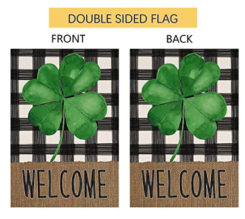 Welcome Spring St. Patrick's Day Clover Small Garden Flag Vertical Double Sided Burlap Buffalo Shamrock Farmhouse Yard Outdoor Decoration 12 x 18 Inches