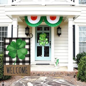 Welcome Spring St. Patrick's Day Clover Small Garden Flag Vertical Double Sided Burlap Buffalo Shamrock Farmhouse Yard Outdoor Decoration 12 x 18 Inches