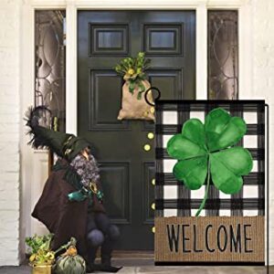 Welcome Spring St. Patrick's Day Clover Small Garden Flag Vertical Double Sided Burlap Buffalo Shamrock Farmhouse Yard Outdoor Decoration 12 x 18 Inches