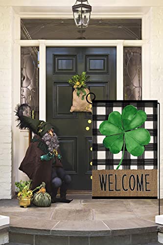 Welcome Spring St. Patrick's Day Clover Small Garden Flag Vertical Double Sided Burlap Buffalo Shamrock Farmhouse Yard Outdoor Decoration 12 x 18 Inches