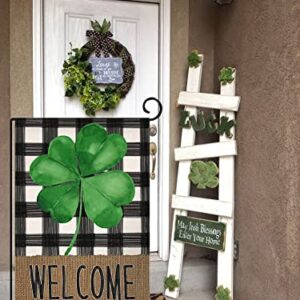 Welcome Spring St. Patrick's Day Clover Small Garden Flag Vertical Double Sided Burlap Buffalo Shamrock Farmhouse Yard Outdoor Decoration 12 x 18 Inches