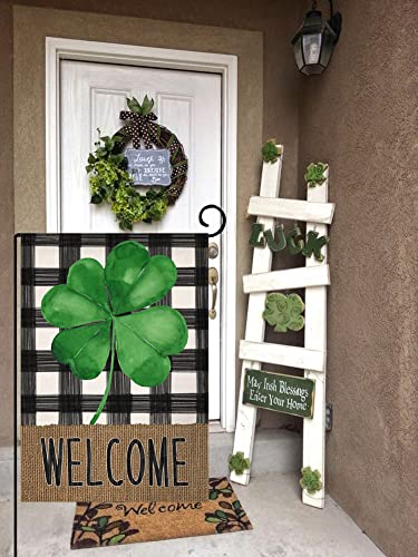 Welcome Spring St. Patrick's Day Clover Small Garden Flag Vertical Double Sided Burlap Buffalo Shamrock Farmhouse Yard Outdoor Decoration 12 x 18 Inches