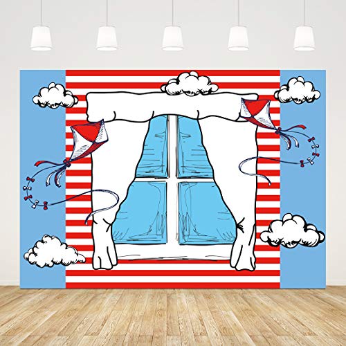 Ticuenicoa 7x5ft Cartoon Window Backdrops for Photography Kids Birthday Party Background Blue Red Kite Striped Kids Baby Shower Party Backdrop Boys Girls 1st Birthday Decorations Cake Table Banner