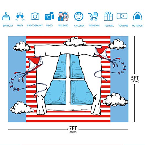 Ticuenicoa 7x5ft Cartoon Window Backdrops for Photography Kids Birthday Party Background Blue Red Kite Striped Kids Baby Shower Party Backdrop Boys Girls 1st Birthday Decorations Cake Table Banner