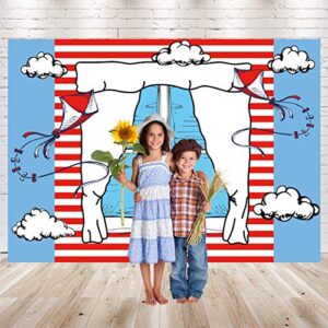 Ticuenicoa 7x5ft Cartoon Window Backdrops for Photography Kids Birthday Party Background Blue Red Kite Striped Kids Baby Shower Party Backdrop Boys Girls 1st Birthday Decorations Cake Table Banner