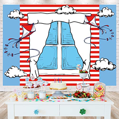 Ticuenicoa 7x5ft Cartoon Window Backdrops for Photography Kids Birthday Party Background Blue Red Kite Striped Kids Baby Shower Party Backdrop Boys Girls 1st Birthday Decorations Cake Table Banner