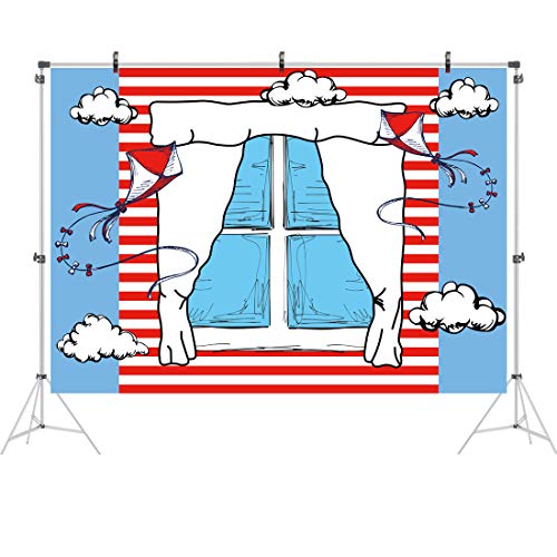 Ticuenicoa 7x5ft Cartoon Window Backdrops for Photography Kids Birthday Party Background Blue Red Kite Striped Kids Baby Shower Party Backdrop Boys Girls 1st Birthday Decorations Cake Table Banner