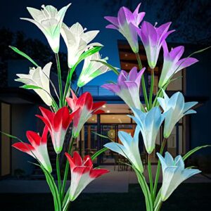 iticdecor outdoor garden solar lily flower light, 4pack decorative solar garden stake lights, 7 color changing garden patio pathway(purple,blue,white,red)