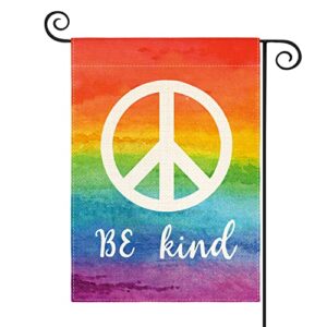 AVOIN colorlife Pride Be Kind Rainbow Peace Sign Garden Flag Double Sided Outside, LGBTQ Community Holiday Party Yard Outdoor Decoration 12 x 18 Inch