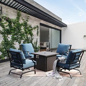 grand patio 5 pieces patio furniture set with 30 inch 50,000 btu steel square propane fire pit table,4 rocking metal patio chairs with peacock blue cushions